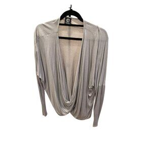 Bobeau Draped Front Blouse Light Gray Long Sleeve Soft Knit Top Large